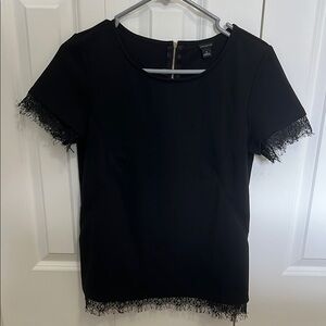 Ann Taylor Black Lace Trim Short Sleeve Top with Zipper Back - Size Small